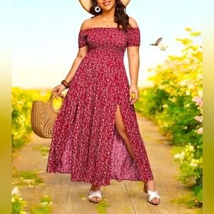 Celure Plus Off Shoulder Shirred Split Ditsy Floral‎ Dress, Summer